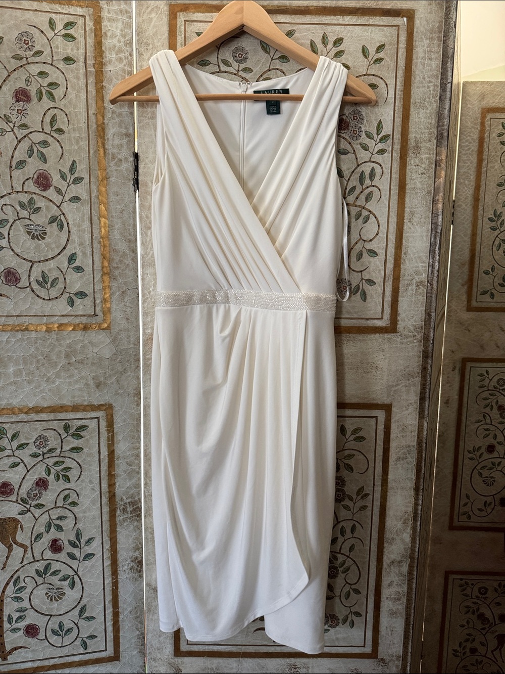 Lauren Ralph Lauren Cream Sleeveless Faux-Wrap Midi Dress